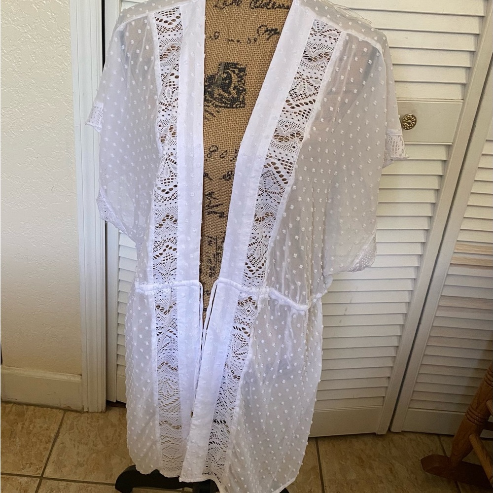 No Boundaries L White Sheer Lace Swim Coverup